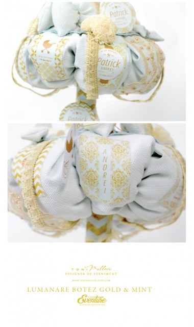 Lumanare botez gold cu verde menta pentru baieti, 65x4 cm, Gold & Mint 5